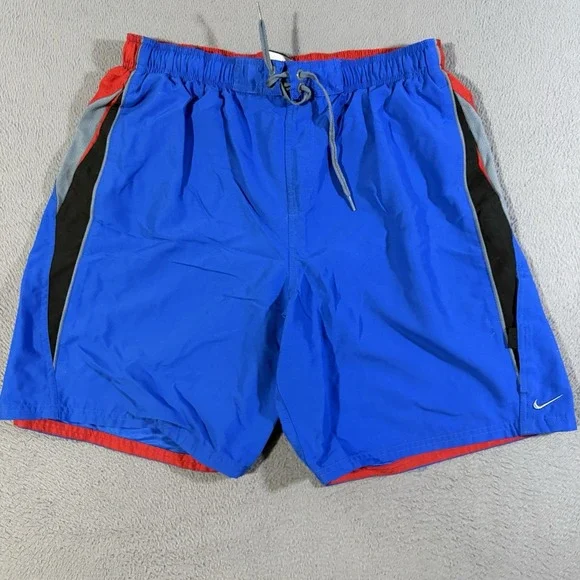 Vintage Nike Swim‎ Shorts Mens XL Y2K Blue Trunks Center Swoosh Pockets Lined