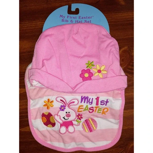 Dan Dee My First Easter Bib and‎ Hat Set Pink Striped Bunny 519448 New