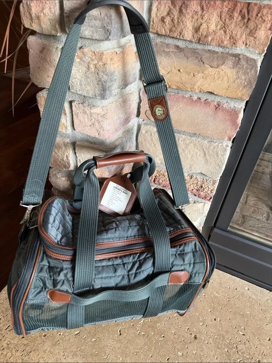 Sherpa Pet Quilted Green Duffel Bag with Brown Trim Adjustable Shoulder Strap