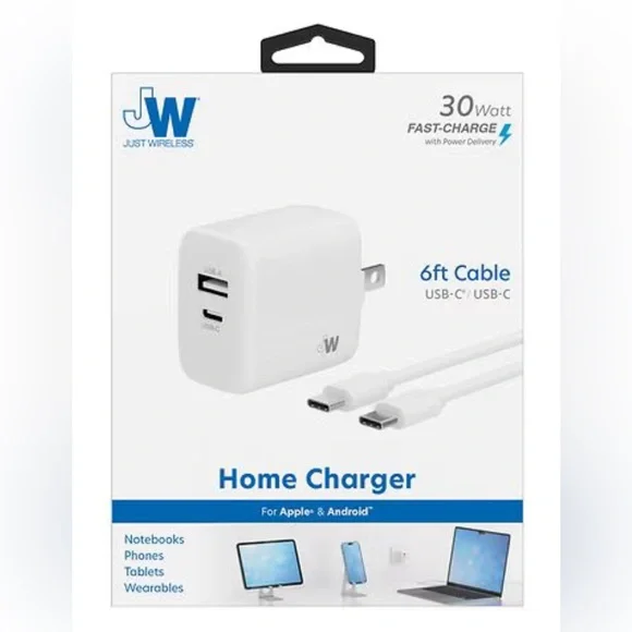 Just Wireless Home Charger Dual USB-A/USB-C 30 Watt 6 ft
