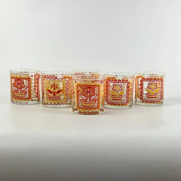 Georges Briard Mid-Century Lowball Glasses Set of 6 Red Yellow Flower Retro