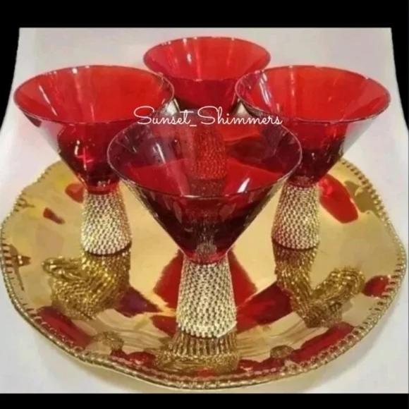 x2 New RED & GOLD Rhinestone Crystal Cocktail Bar MARTINI Glass Set Gorgeous