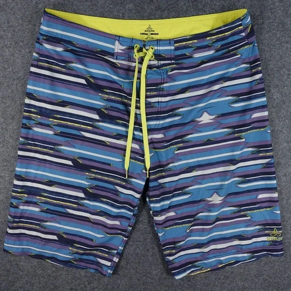 Prana Board Shorts Men's 36 Ikat Stripe Blue Purple Stretch