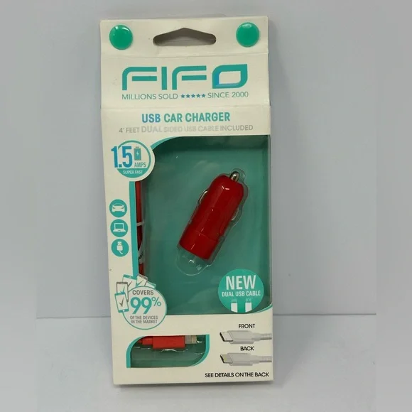 Fifo USB Car Charger 4ft dual sided cable Red Android and Apple P4