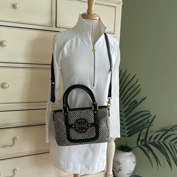 Tory Burch Amanda in Raffia Black and Cream Satchel