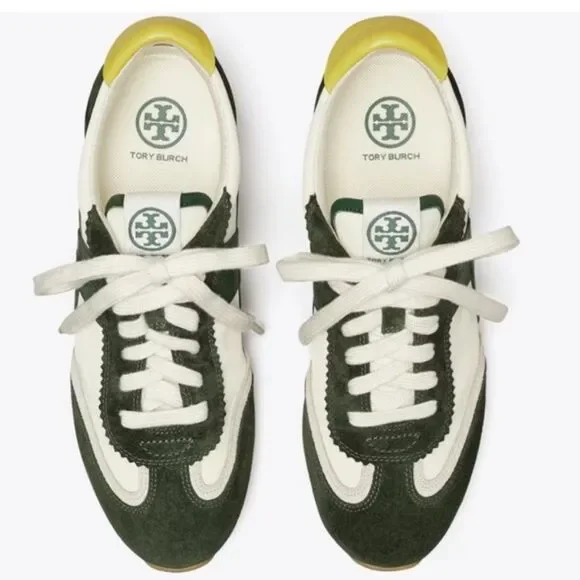 Tory Burch Green and Cream Retro Sneakers with Suede and Mesh