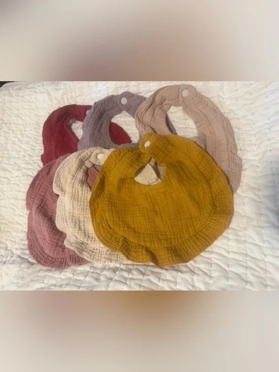Bundle of 6 Muslin Ruffle Baby Bibs Boho Neutral Snap Drool Feeding Set