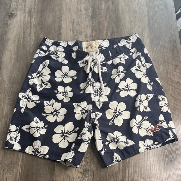 Hollister Navy Floral Board Shorts with White Hibiscus Print