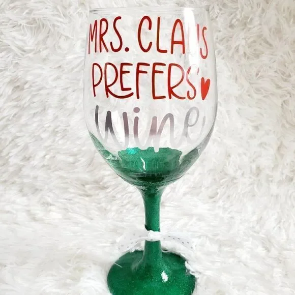 Mrs Claus Prefers Wine Green Glittered Stemmed Wine Glass, Funny Christmas Glass