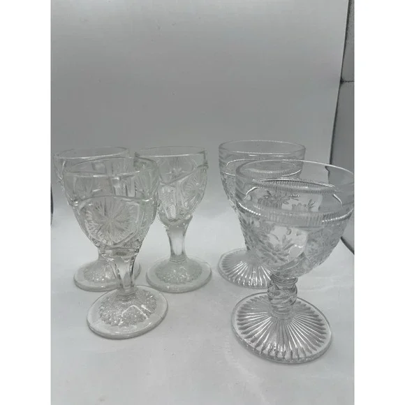 Set Of 5 Cut Glass Cordial Glasses Mixed Designs
