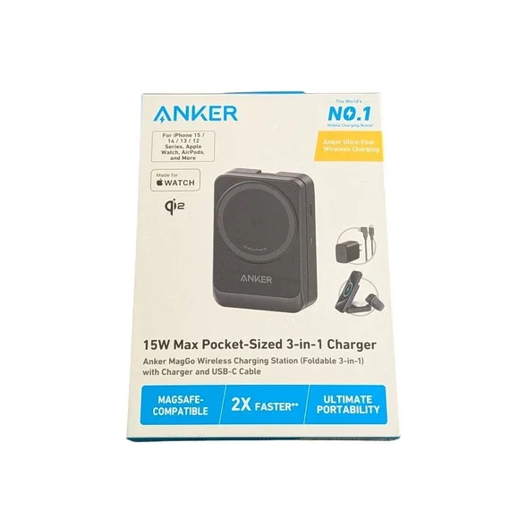 Cc9U Anker MagGo 15W Qi2 Foldable Pocket-Sized 3 - in - 1 Magsafe Charger Black