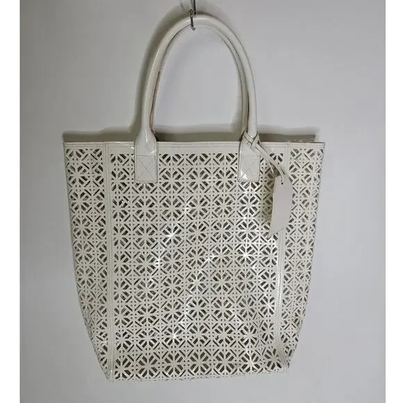 TORY BURCH White Cut-Out Patent Leather Tote Bag Lightweight Pool Beach Bag