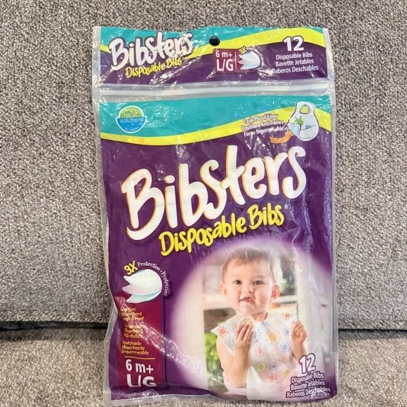 NOS Bibsters package of 12 disposable bibs ages 6M+ large