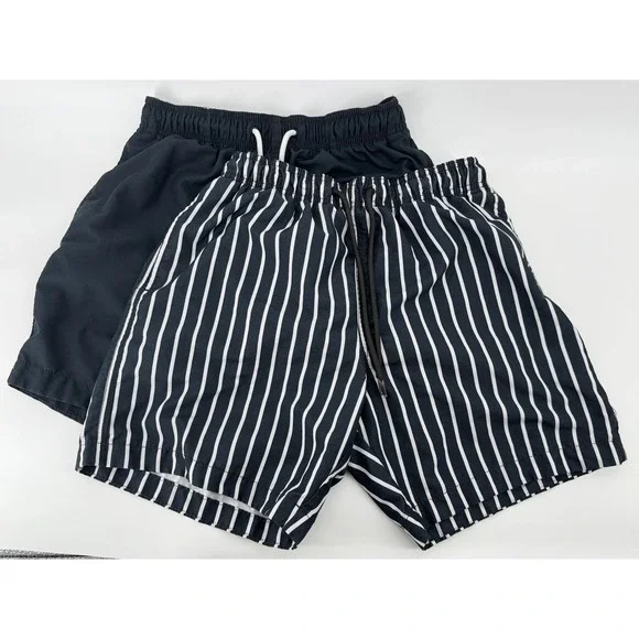 H&M Mens Swim Trunks Lot of 2 Black Solid and Striped Board Shorts Size Small