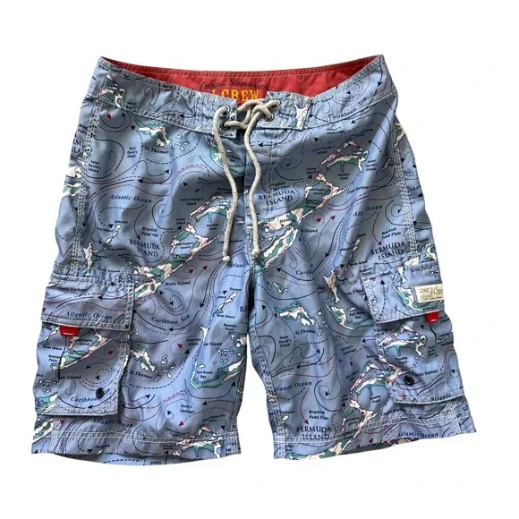 J.Crew Mens Bermuda Map Swim Trunks Size 30‎ Blue Cargo Utility Board Shorts