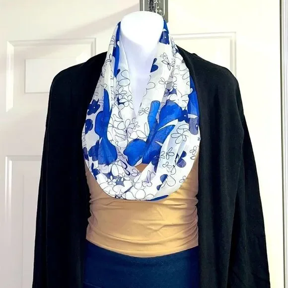 Reversible Blue and White Floral Infinity Scarf