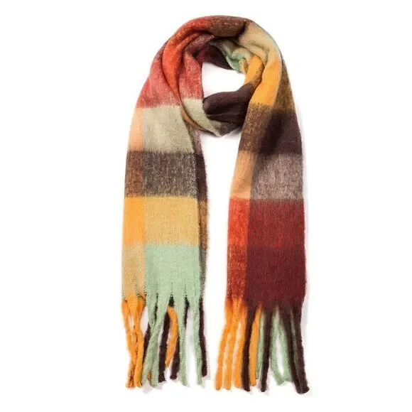 Yellow and Brown CHUNKY CHECKERED SCARF WITH FRINGE
