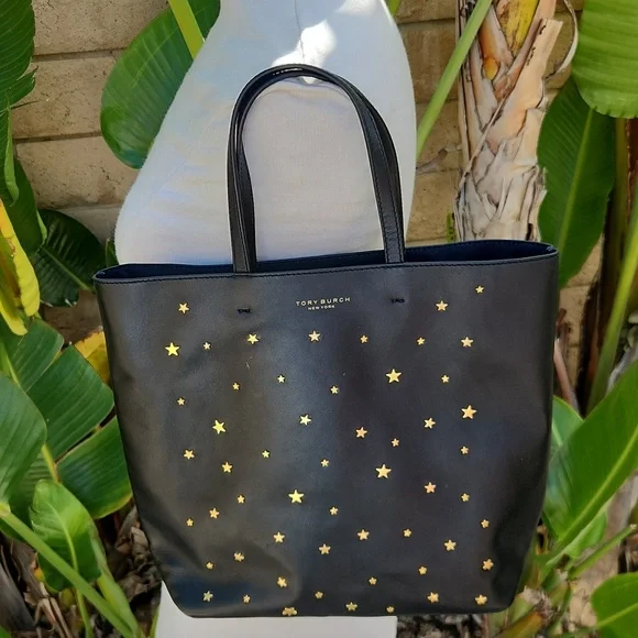 Tory Burch Star Stud Black Leather Tote Bag Purse