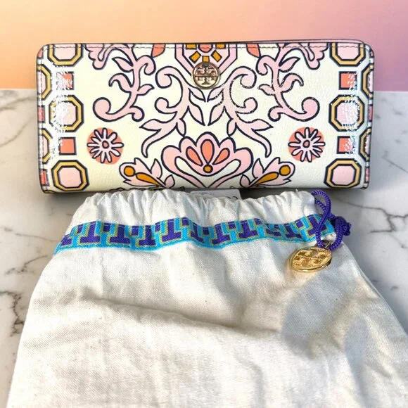 Tory Burch Hicks Garden Party Leather Snap Long Wallet with Tory Burch Dust bag