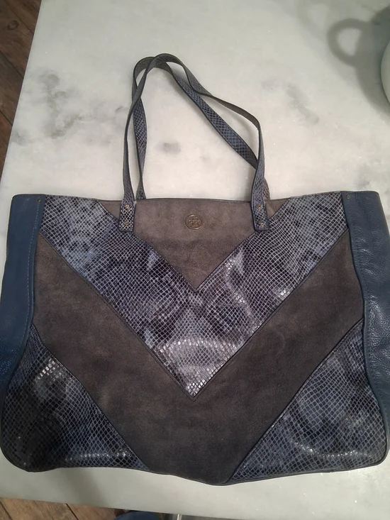 Tory Burch Blue Suede & Snake-Embossed Tote