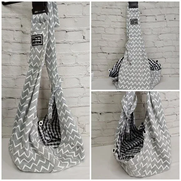 PET CARRIER SLING HAND-FREE REVERSIBLE HARNESS GRAY & GINGHAM PATTERN