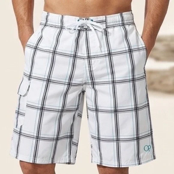 OP Board Shorts Mens M White Plaid Swim Trunks Cargo Pocket Beach Surf Summer