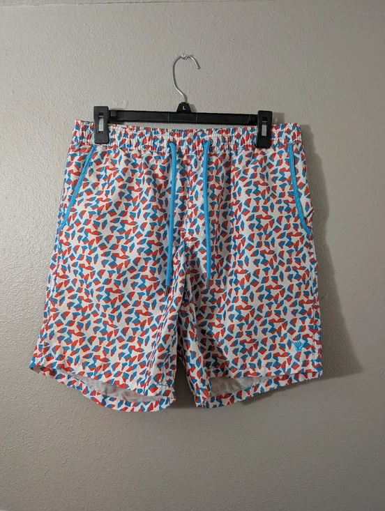 Beach Bros Lined Men's Printed Swim Trunks in White with Blue & Red Accents