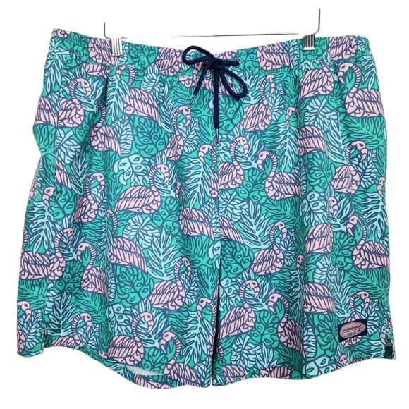 Vineyard Vines Printed Chappy Antigua Flamingo Swim Trunk Green Pink Men Size XL