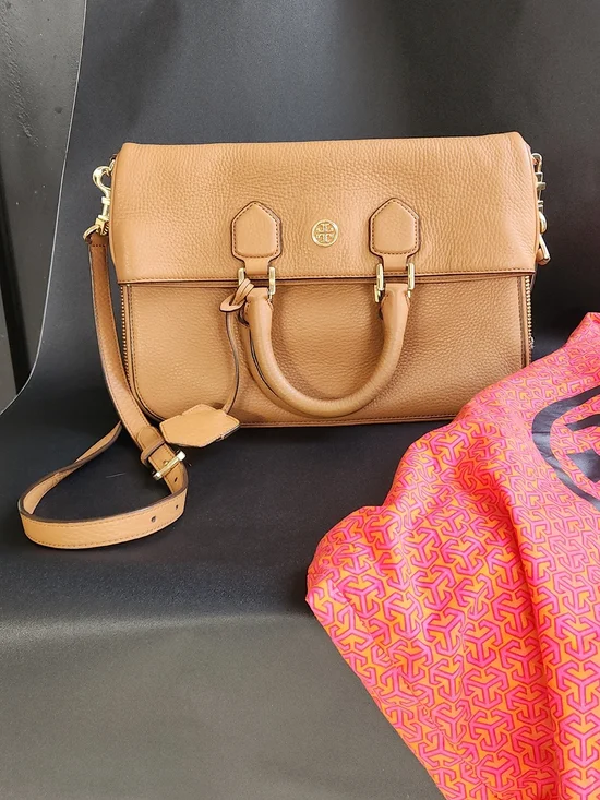 Tory Burch Womens Tan Leather Satchel with Crossbody Strap