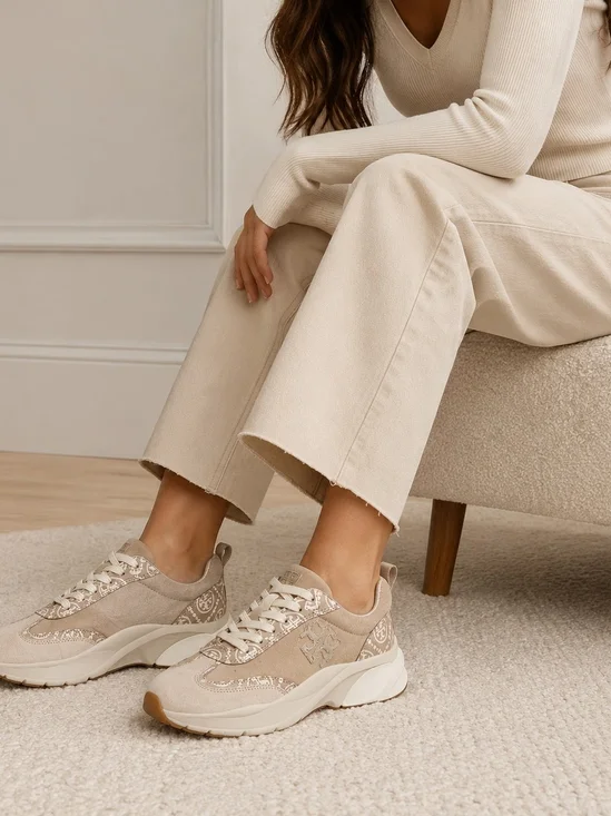 Tory Burch Beige Logo Print Chunky Sneakers