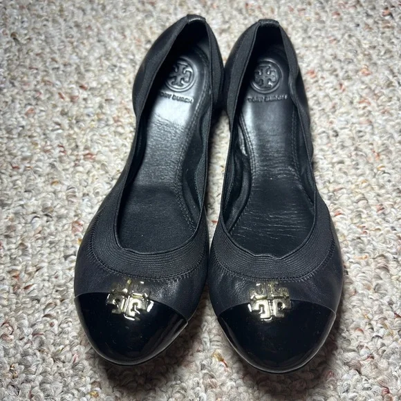 Tory Burch Black Flats with Gold Logo