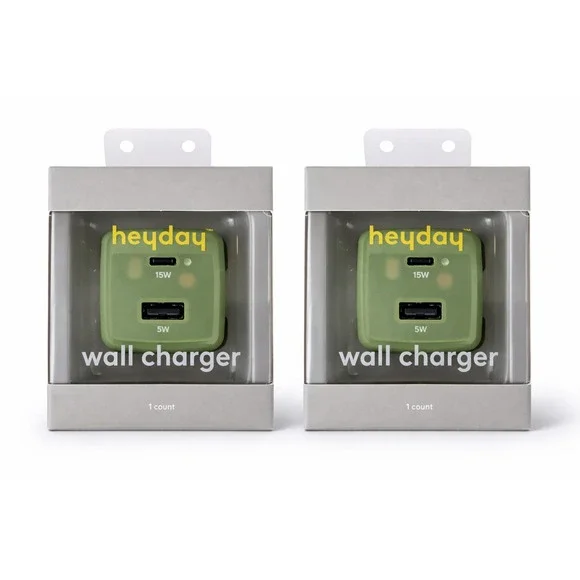 Lot of 2 Heyday USB-C USB-A Wall Charger 20W Total Output Green Fast‎ Charging