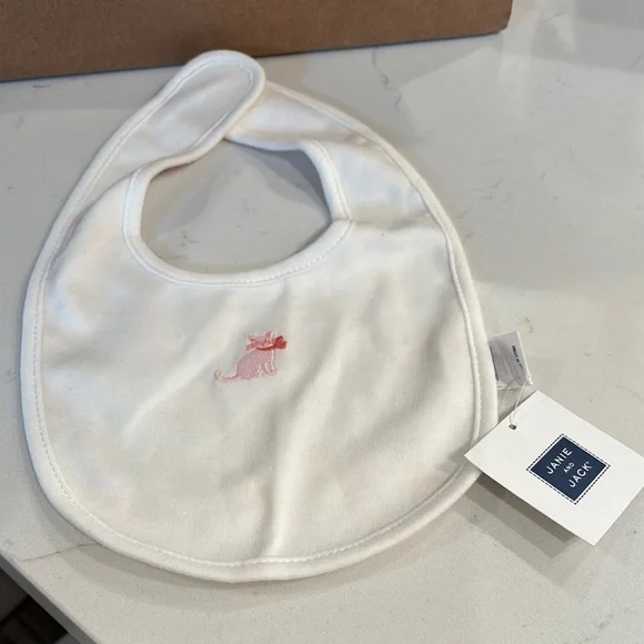Janie &Jack White Baby Bib w/ Pink Embroidered Cat NWT