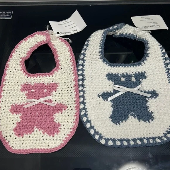 Handmade fraternal twins matching baby Bear bibs Crochet knitted boy and girl
