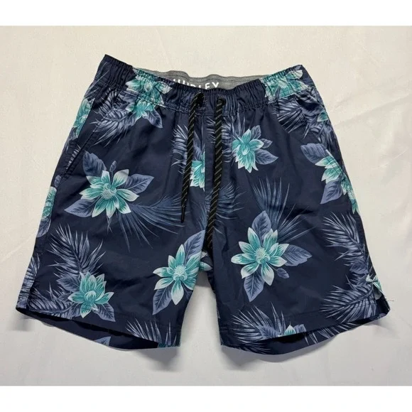 Hurley Volley Trunks Shorts Men Small Navy Blue Tropical Hibiscus Print Swimwear