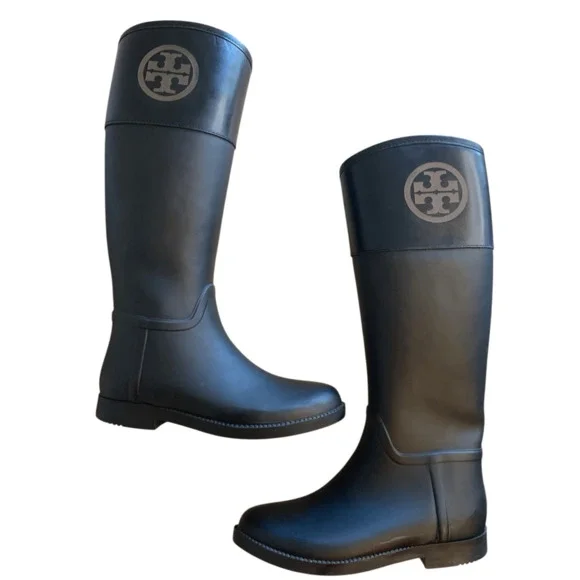 Tory Burch Black Knee High Leather Rubber Boots
