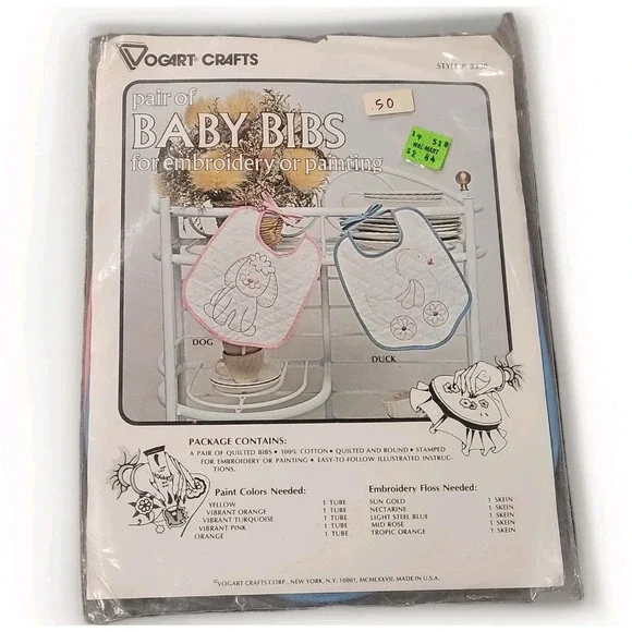 Vogart NEW Vintage Quilted 2 Baby Bibs RARE #8330 Painting Embroidery Pink Blue
