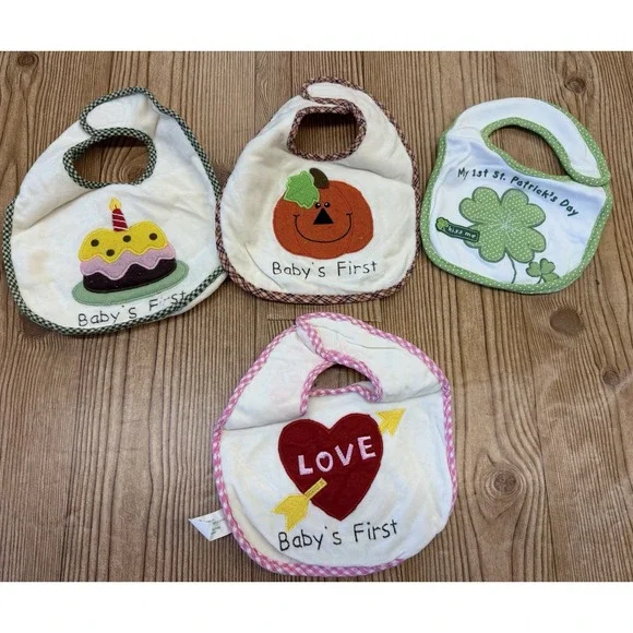 Vtg Lot of 4 Holiday Baby Bibs Birthday‎ Thanksgiving Christmas Easter St Pats