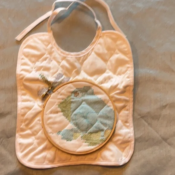 VTG Unfinished Cross Stitch Baby Bib Frog