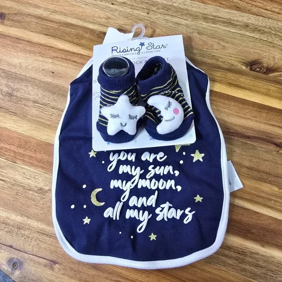 Rising‎ Star Infant Sock & Bib Set Celestial Moon Stars 0-12 months Navy Blue