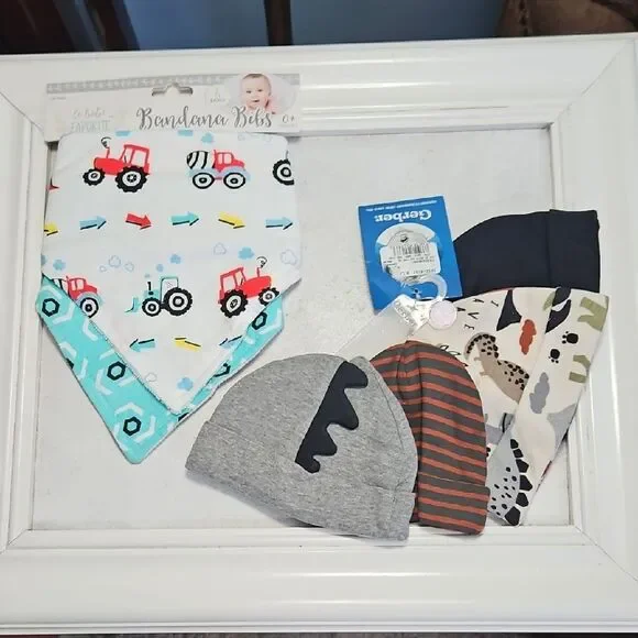 NWT Le Bebe Tractor and Geometric Bandana Bibs and Gerber Beanie Hat Set