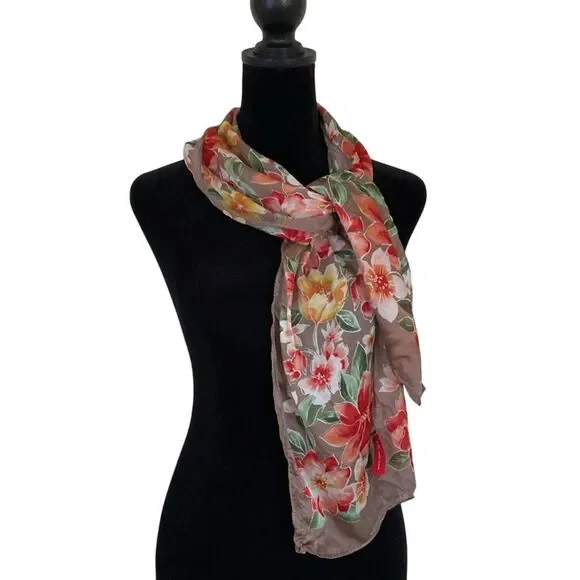 Anne Klein Silk Scarf Floral Coquette Feminine Brown Red Gree Yellow‎ 11x53