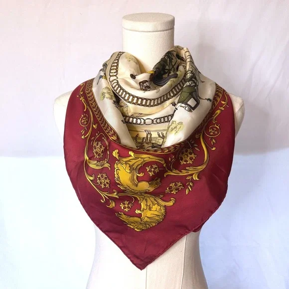 Vintage Hermes La Promenade‎ De Longchamps Silk Scarf Burgundy Philippe Ledoux