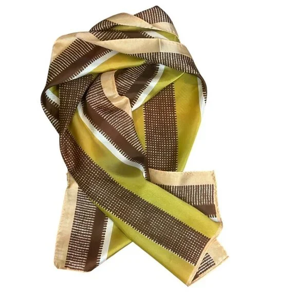 Vintage Japanese Acetate Brown Chartreuse Striped Geometric Rectangular Scarf