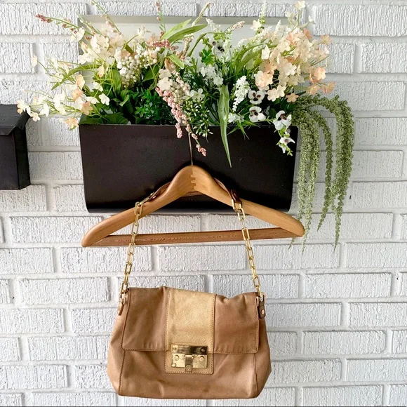 Tory Burch Tan Patterned Gold Chain Shoulder Bag