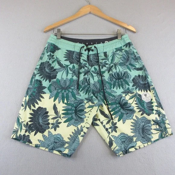 Vissla Board Shorts Mens 29 Teal Cream Floral Coconut Poly Stretch Surf Swim
