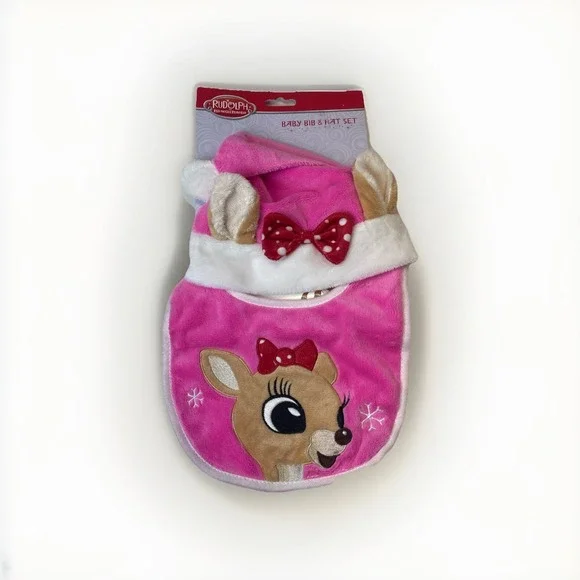 NWTRudolph the Red Nosed Reindeer Clarice Baby Pink First Christmas Hat Bib