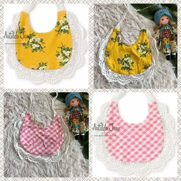 Matilda Jane Pink Yellow Gingham Floral Lace Reversible Bib Cottage Shabby Chic