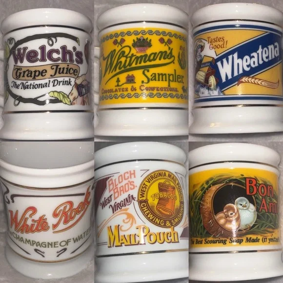 Vintage 1980s Franklin Porcelain Corner Store Advertising Mugs – Set of 6
