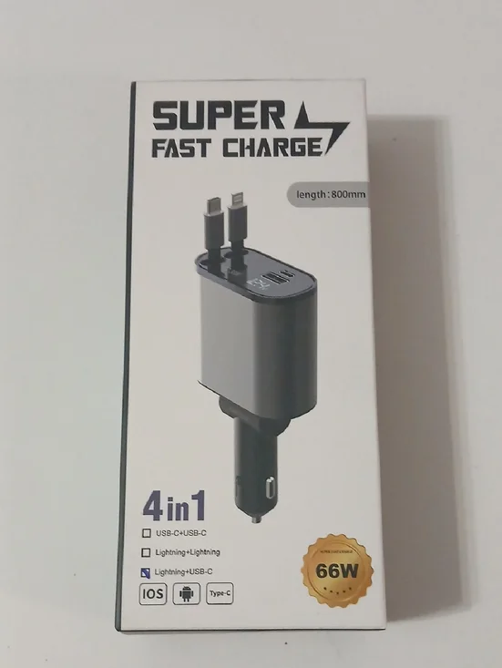 4-in-1 Super Fast Charge Car Adapter - Gray With Retractable Cords